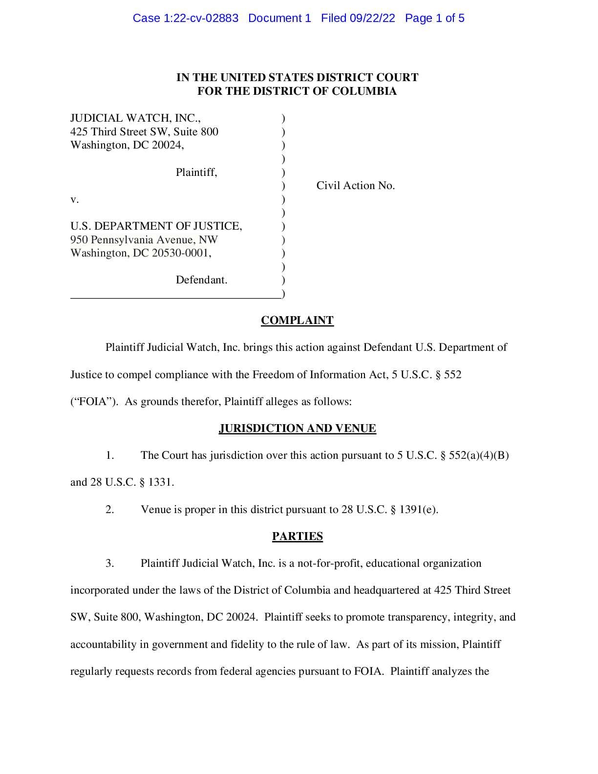 JW v DOJ Trump Warrant Discussions Complaint 02883