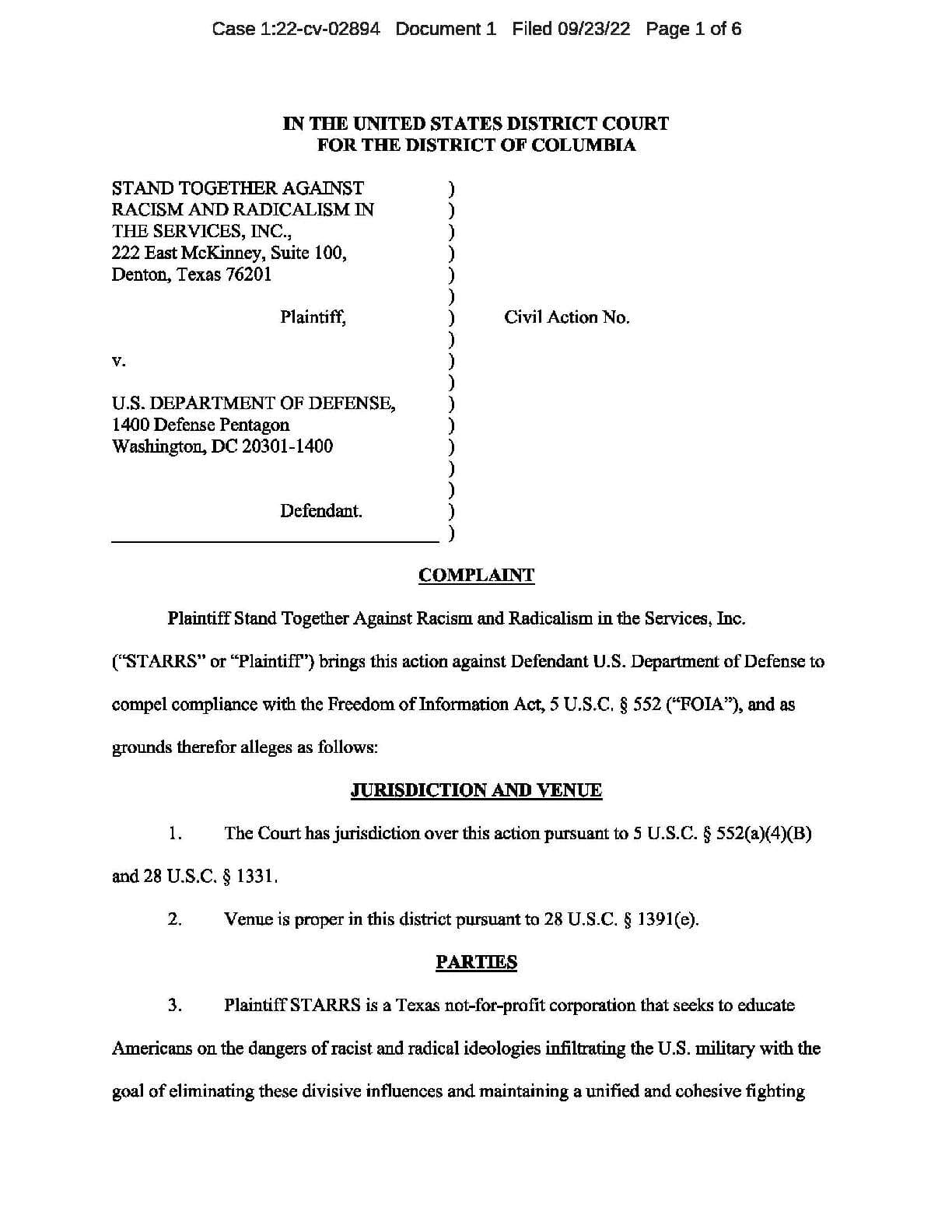 STARRS v. DOD Air Force Academy complaint 02894