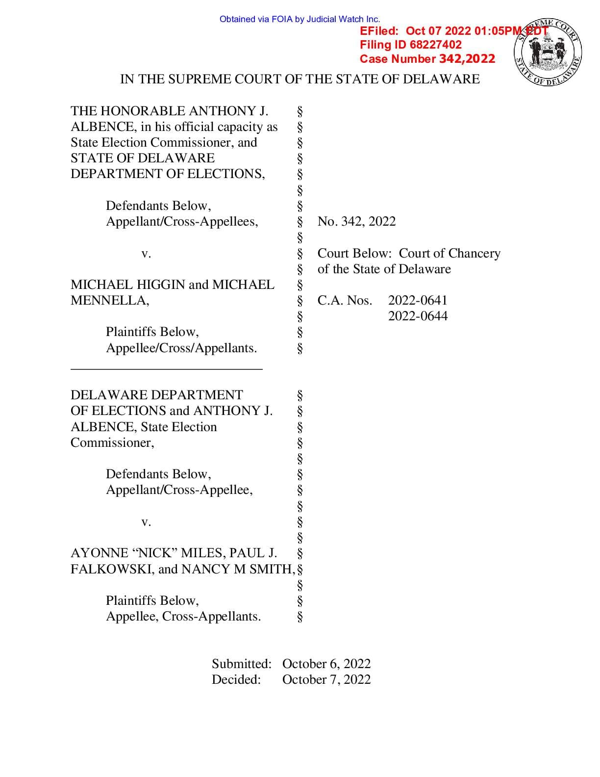 Albence v Higgin et al. DE Vote by Mail order 342,2022