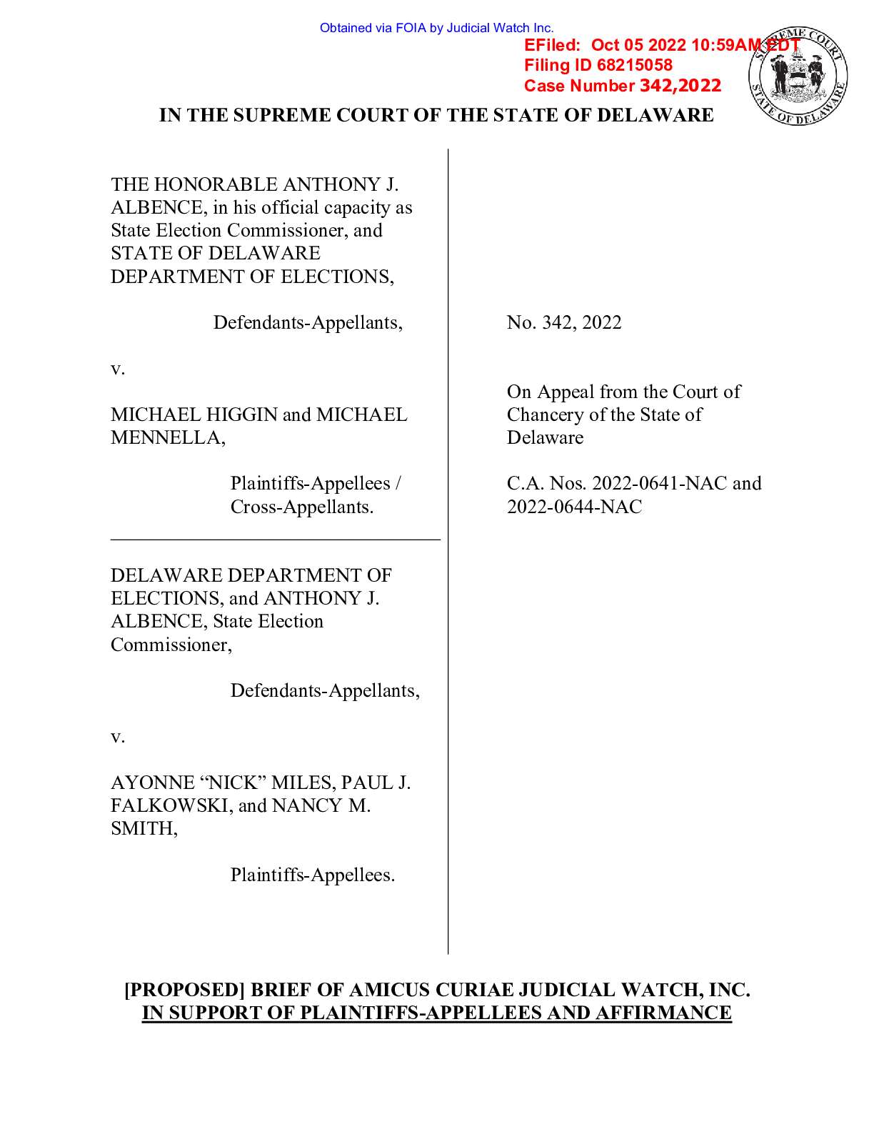 Albence v Higgin et al. DE Vote by Mail amicus 342,2022