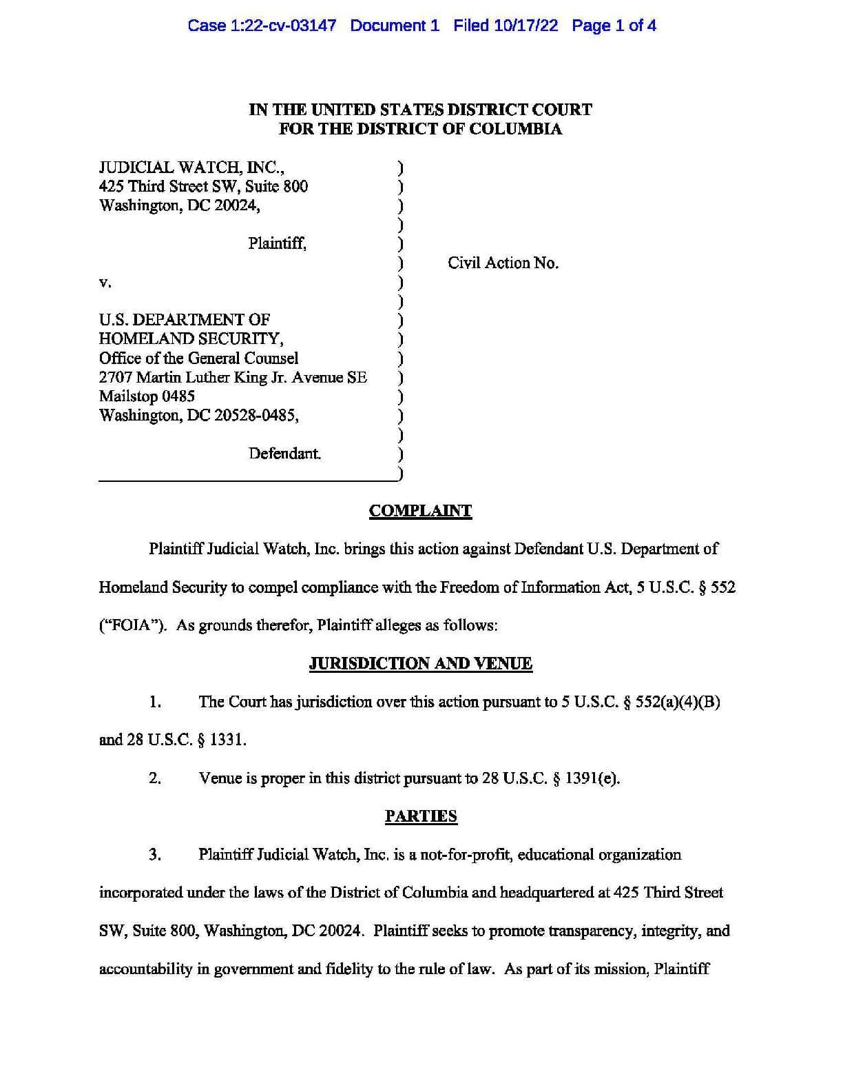 JW v DHS Secret Service Mar-a-Lago complaint 03147