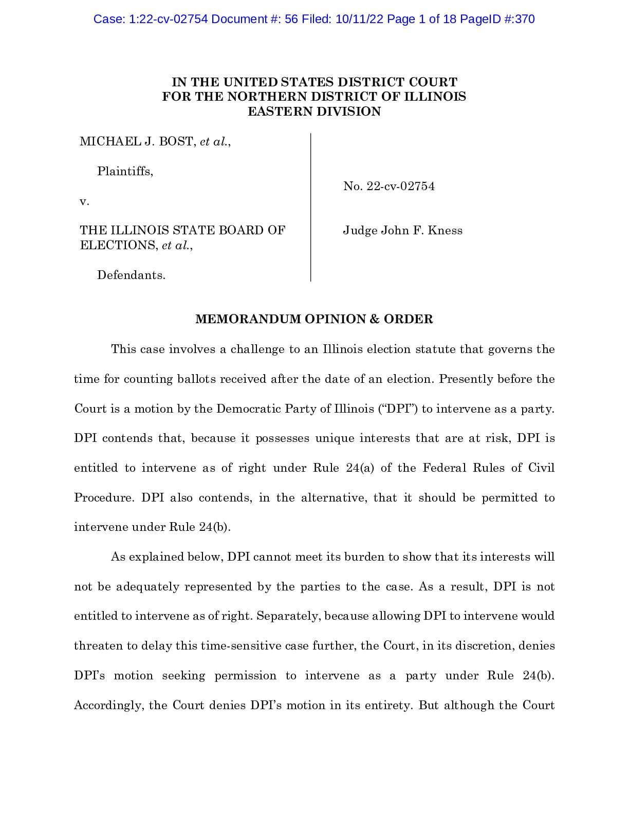 Bost v IL mail-in ballots Oct 2022 ruling and opinion 02754