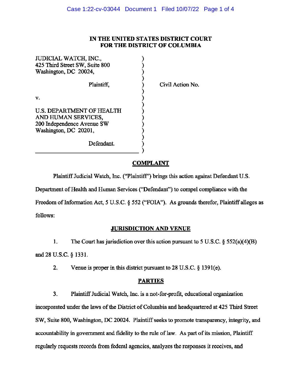 JW v HHS Unaccompanied Children complaint 03044