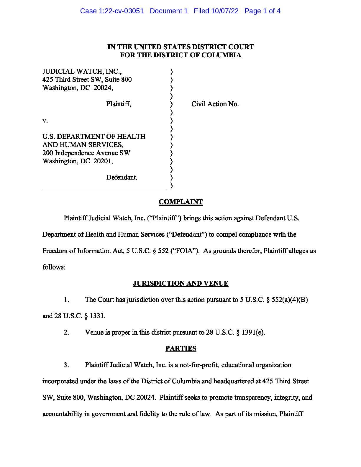 JW v HHS  Fetal Tissue complaint 03051