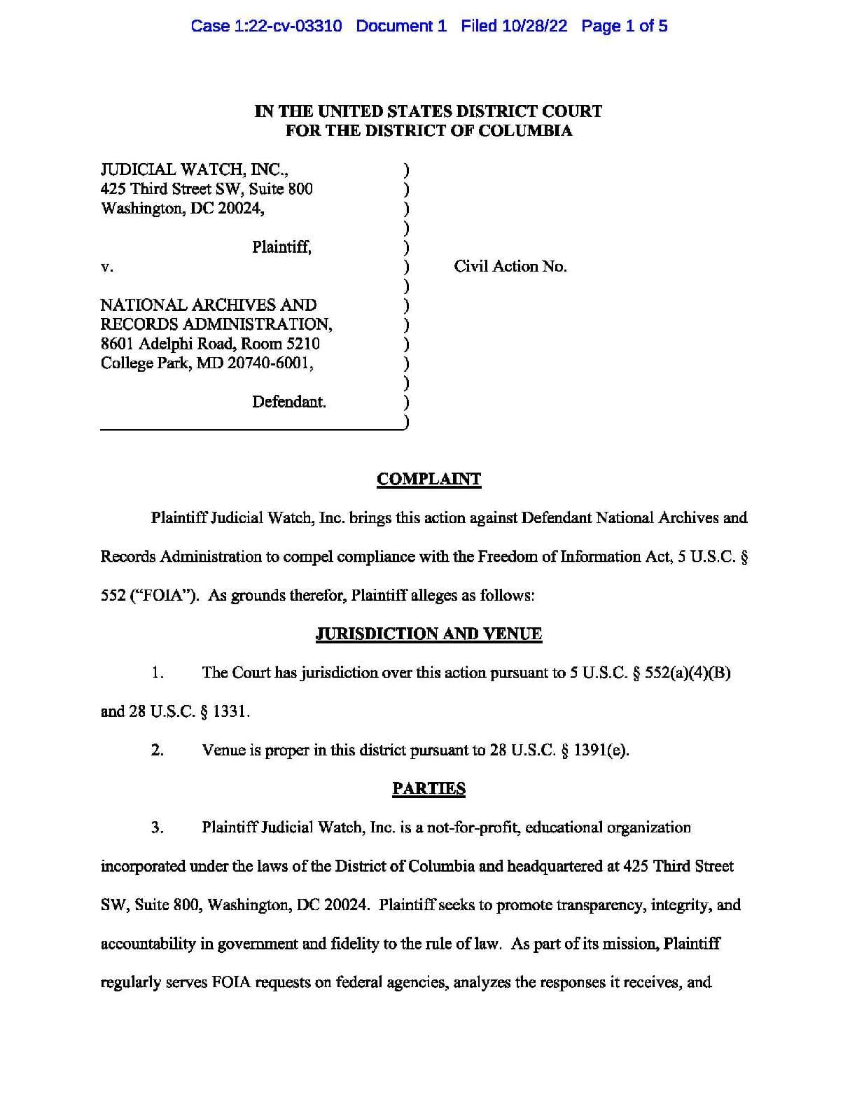 JW v NARA Obama Library complaint 03310