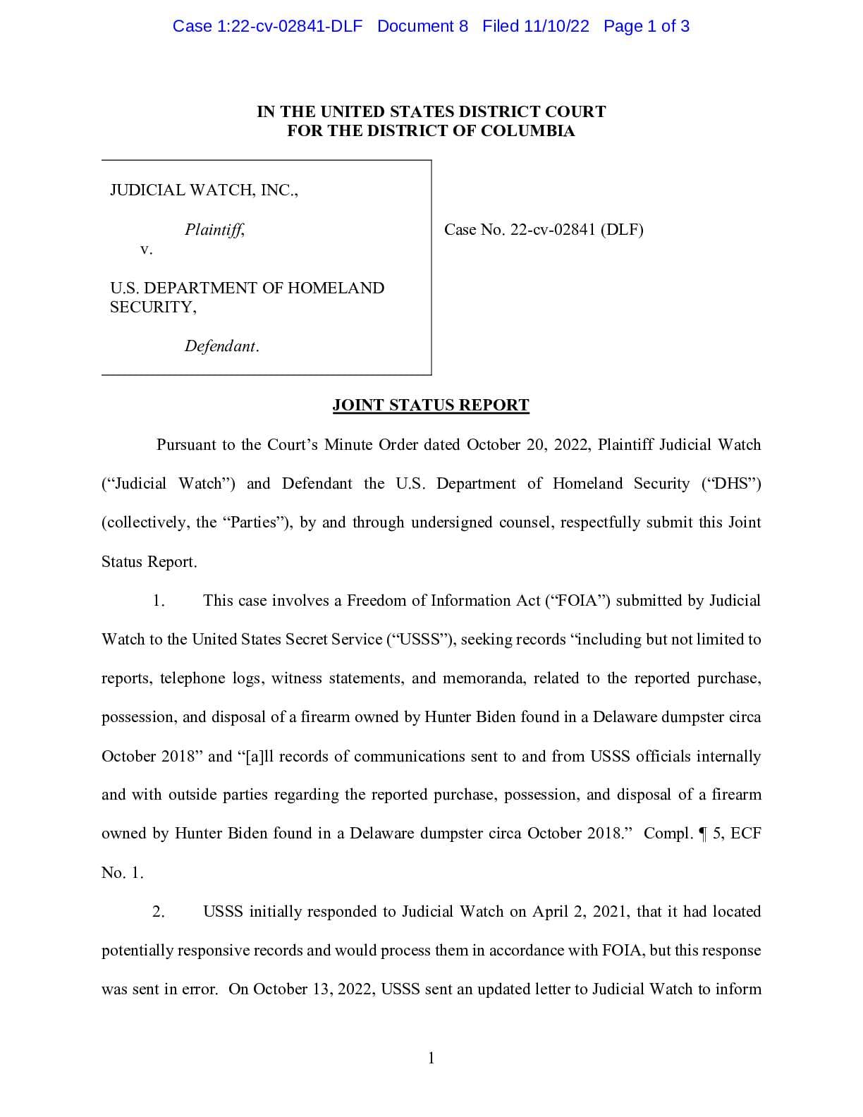 JW v DOJ Hunter Biden Gun joint status 02841