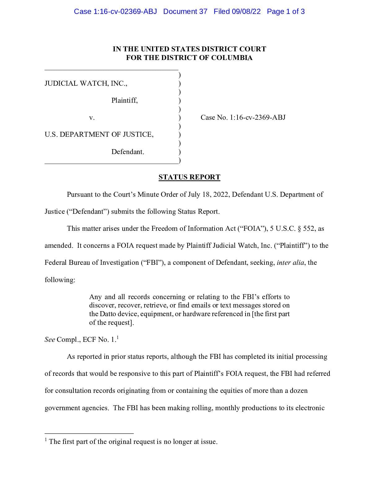 JW v DOJ DATTO Clinton Email order 02369