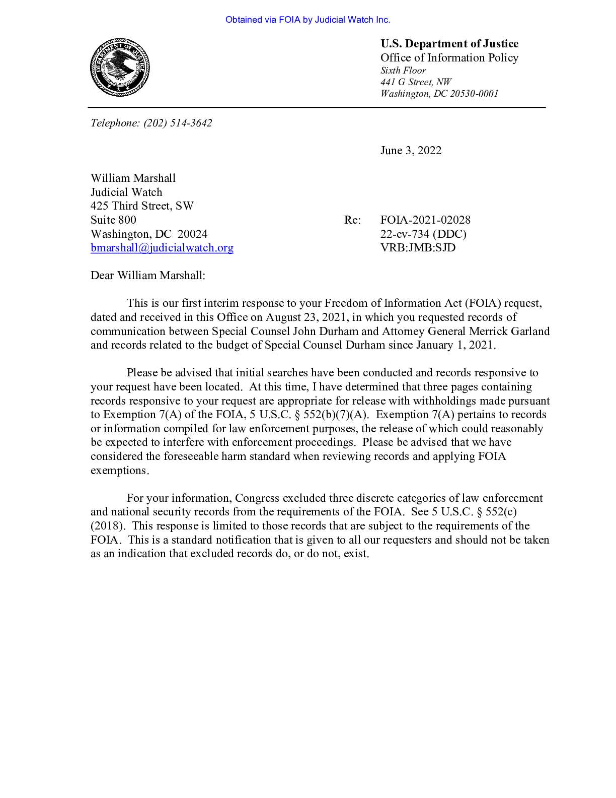 JW v DOJ Durham Garland prod 3 00734
