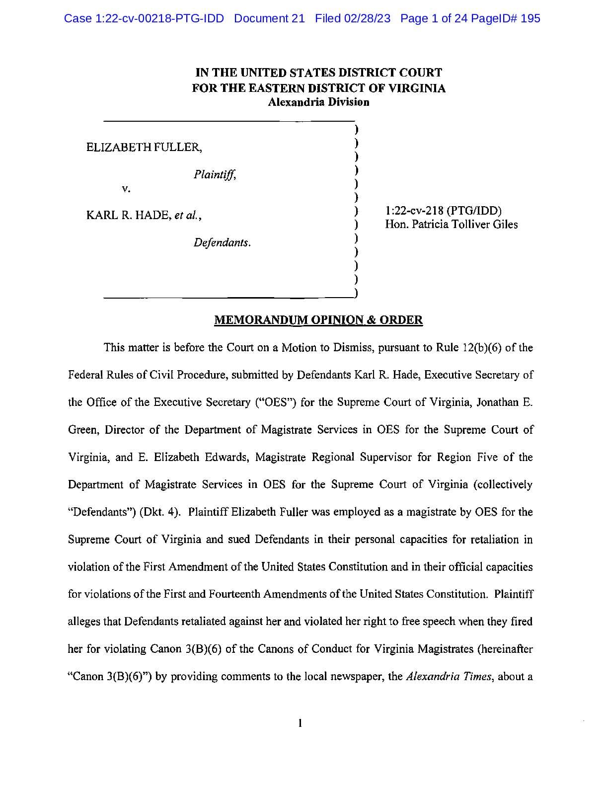 Fuller v. Hade Order 00218