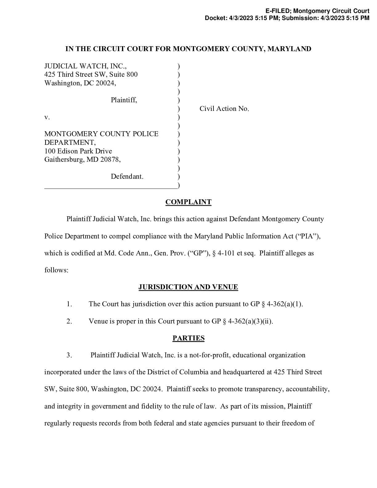 JW v Montgomery Co Police complaint 001360