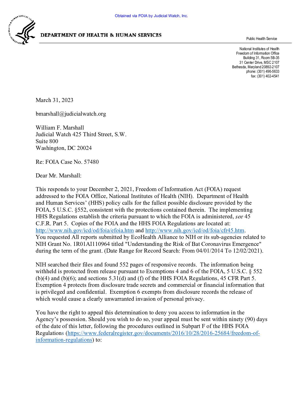 NIH EcoHealth Grant FOIA April 2023