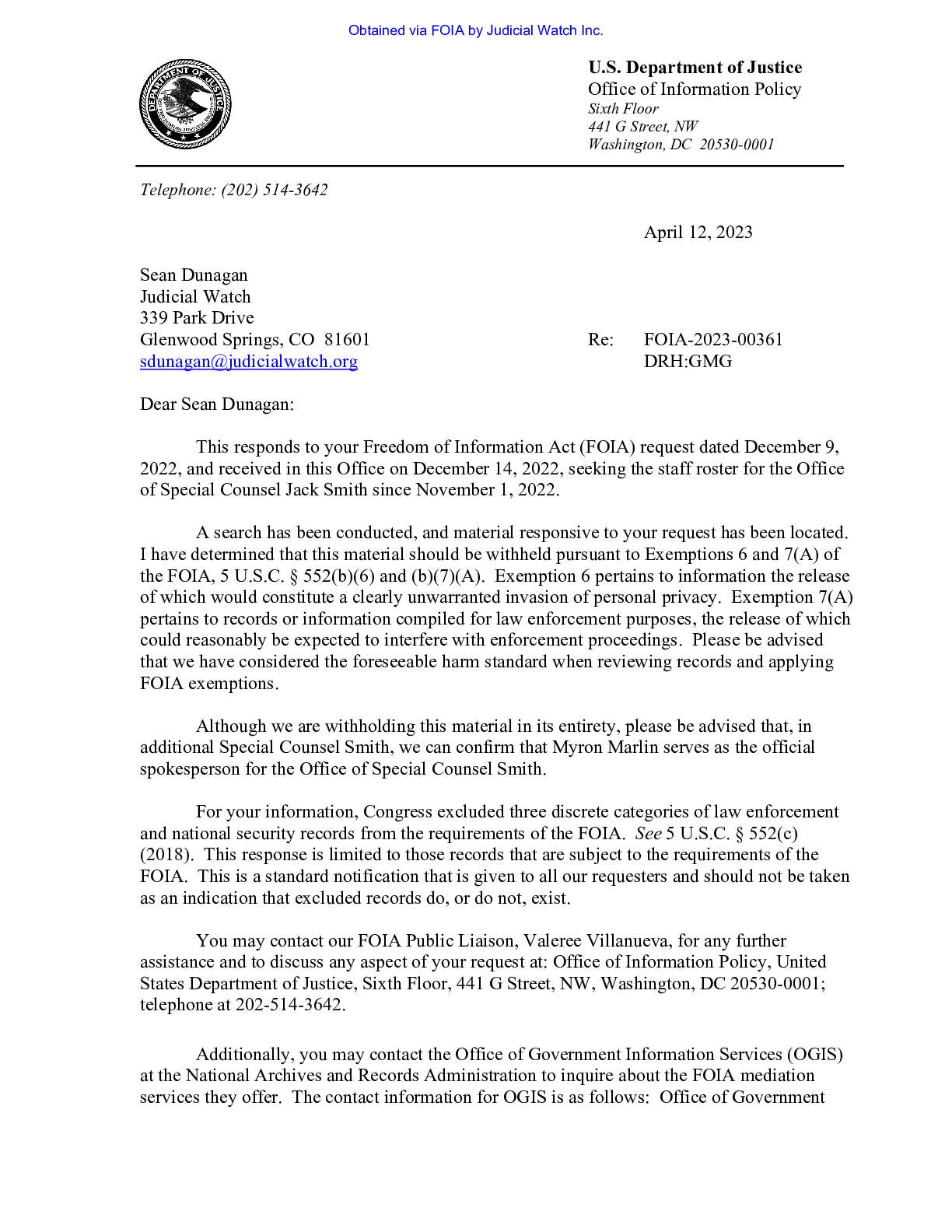 DOJ FOIA Rsp Sp Counsel Jack Smith FOIA April 2022
