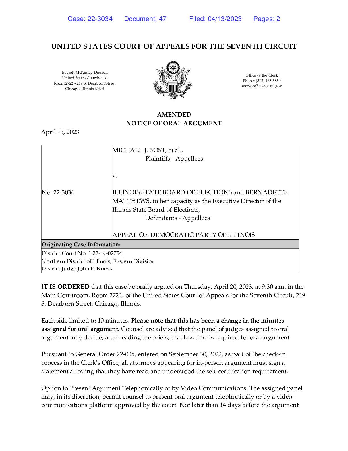 Bost v IL Court Order April 2023 hearing 22-3034