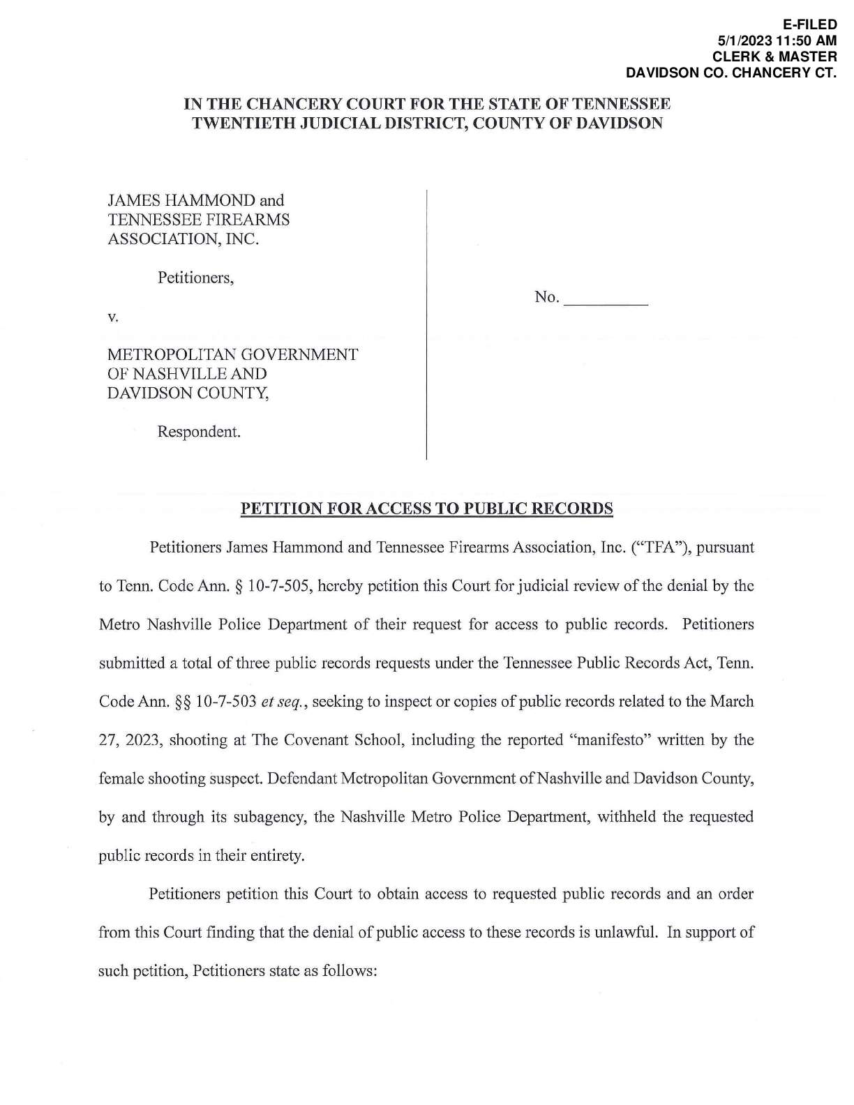 Hammond v Nashville Petition for Records 23-0542-III