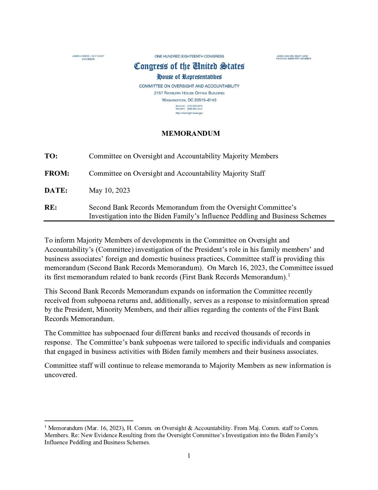 Committee on Oversight and Accountability Majority-Bank Memo May 2023