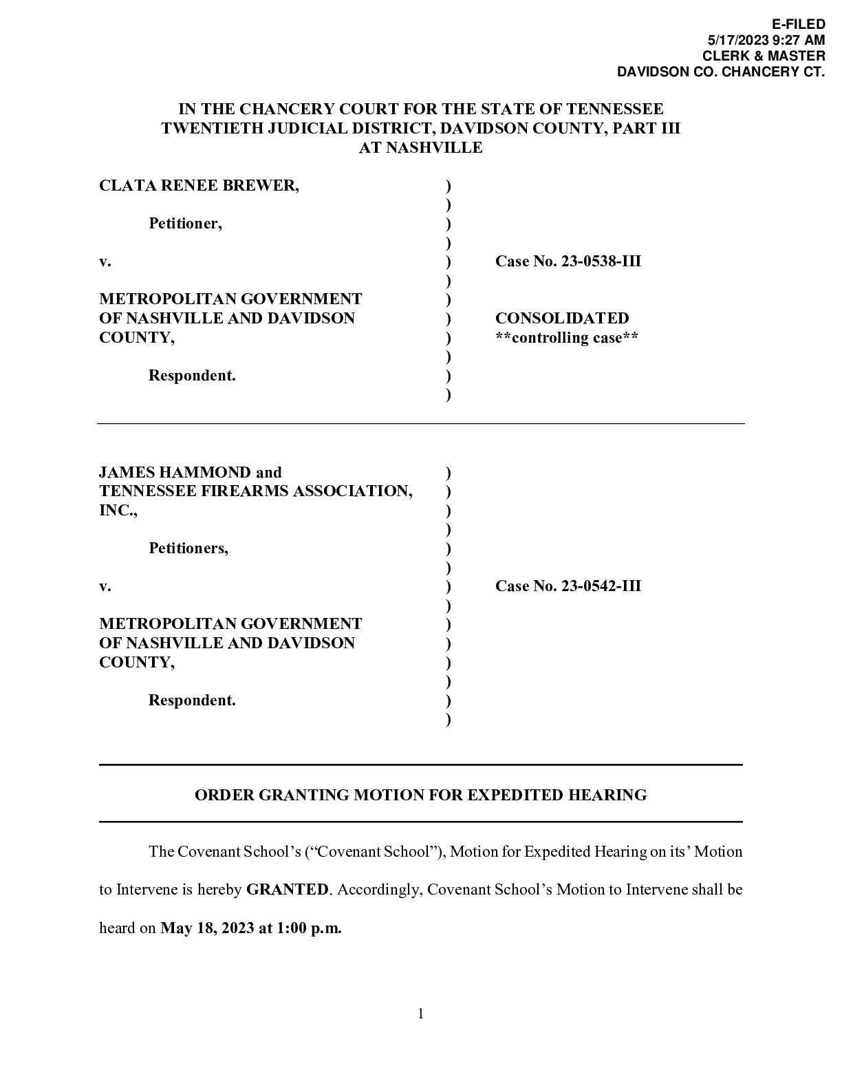 Brewer Hammond v Nashville hearing orders 0542 0538