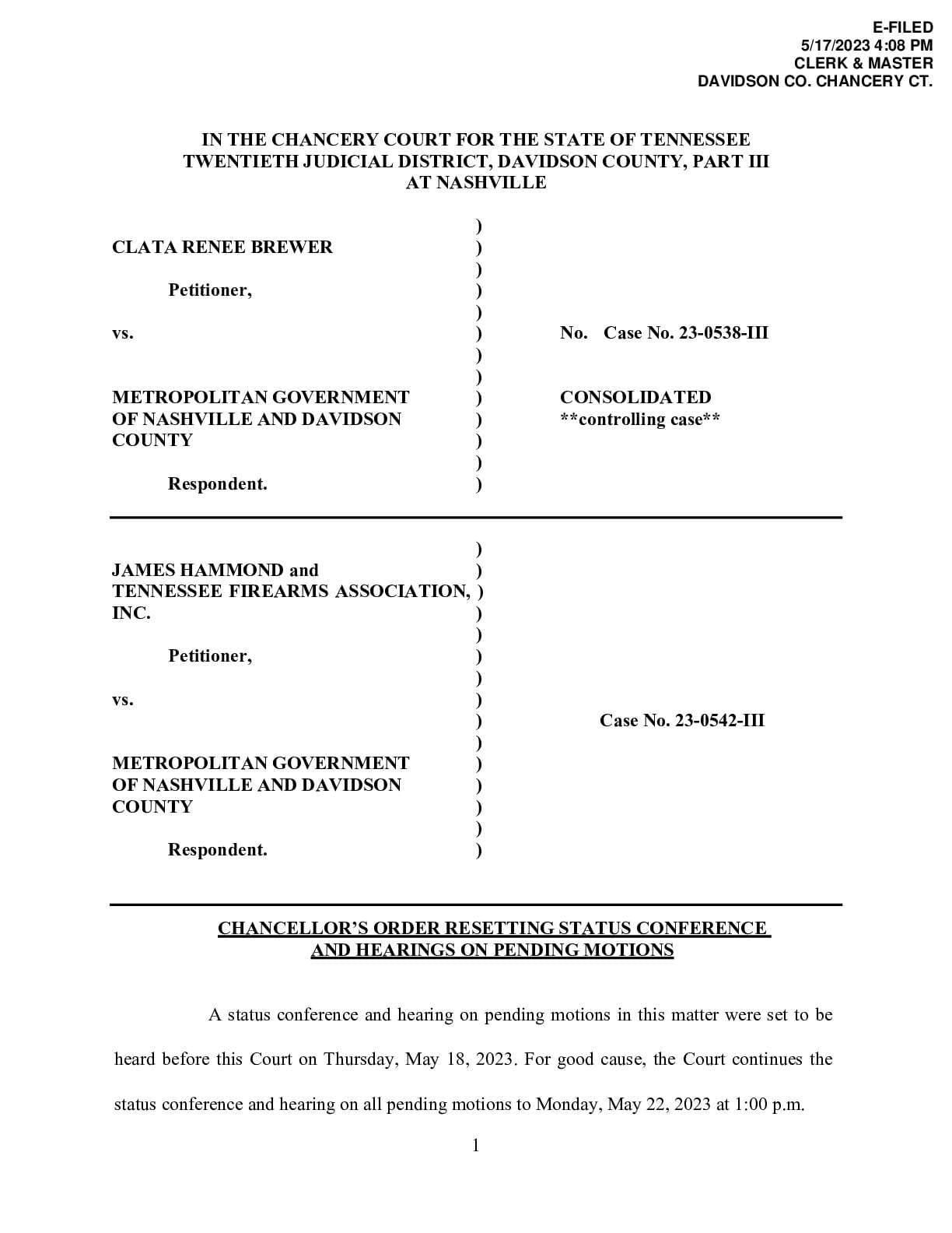 Brewer Hammond v Nashville Hearing Reset 0542 0538