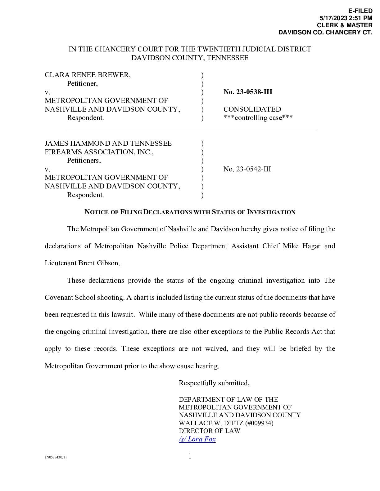 Brewer Hammond v Nashville Police Declarations 0542 0538