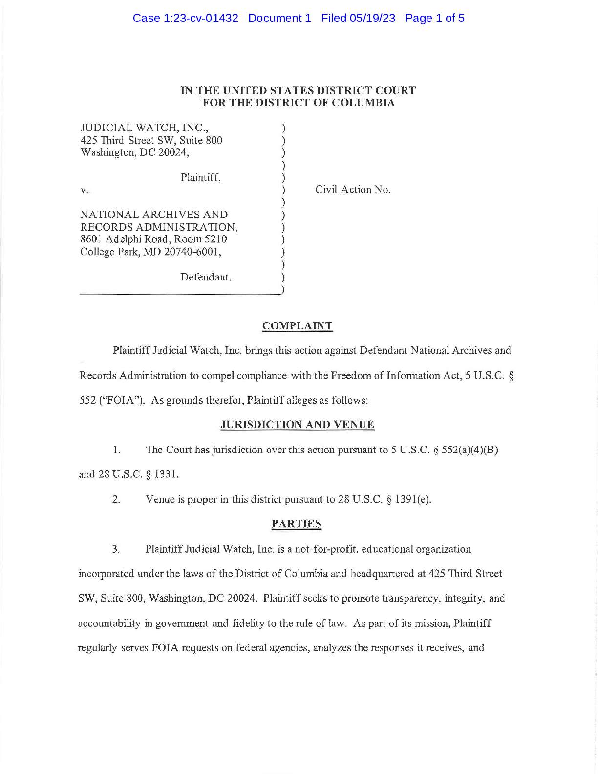 JW v. NARA Biden Family Complaint 01432