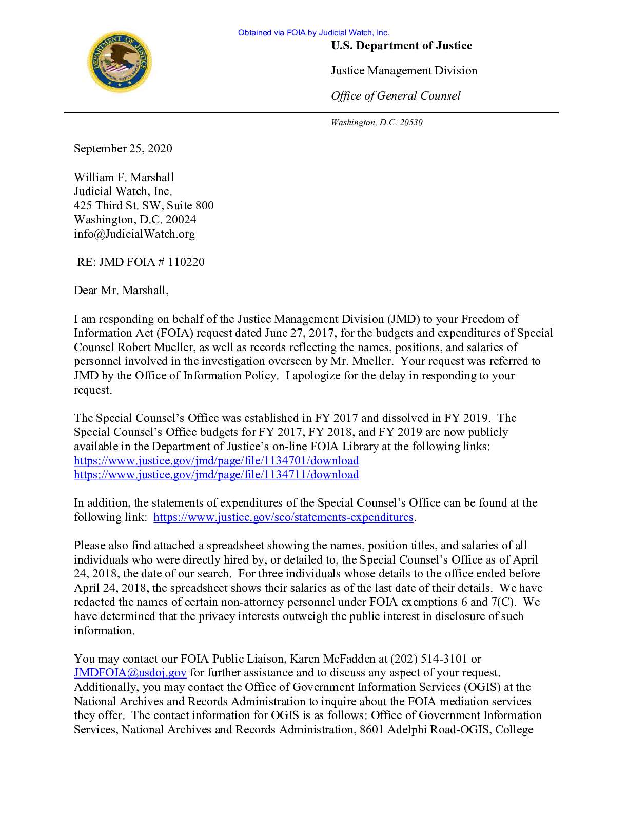 Sp Counsel Mueller Staff Info September 2020