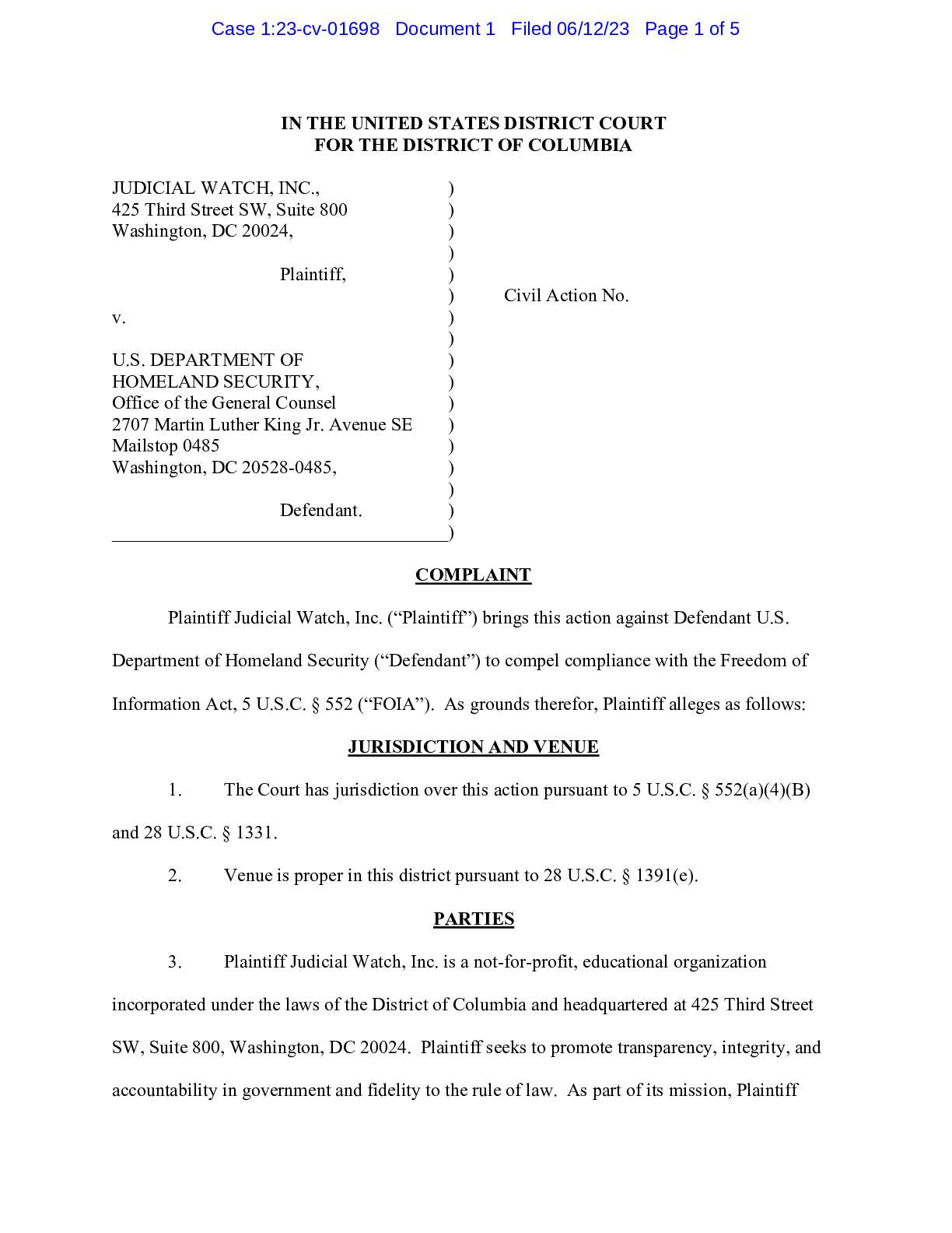 JW v DHS Election Integrity Partnership complaint 01698