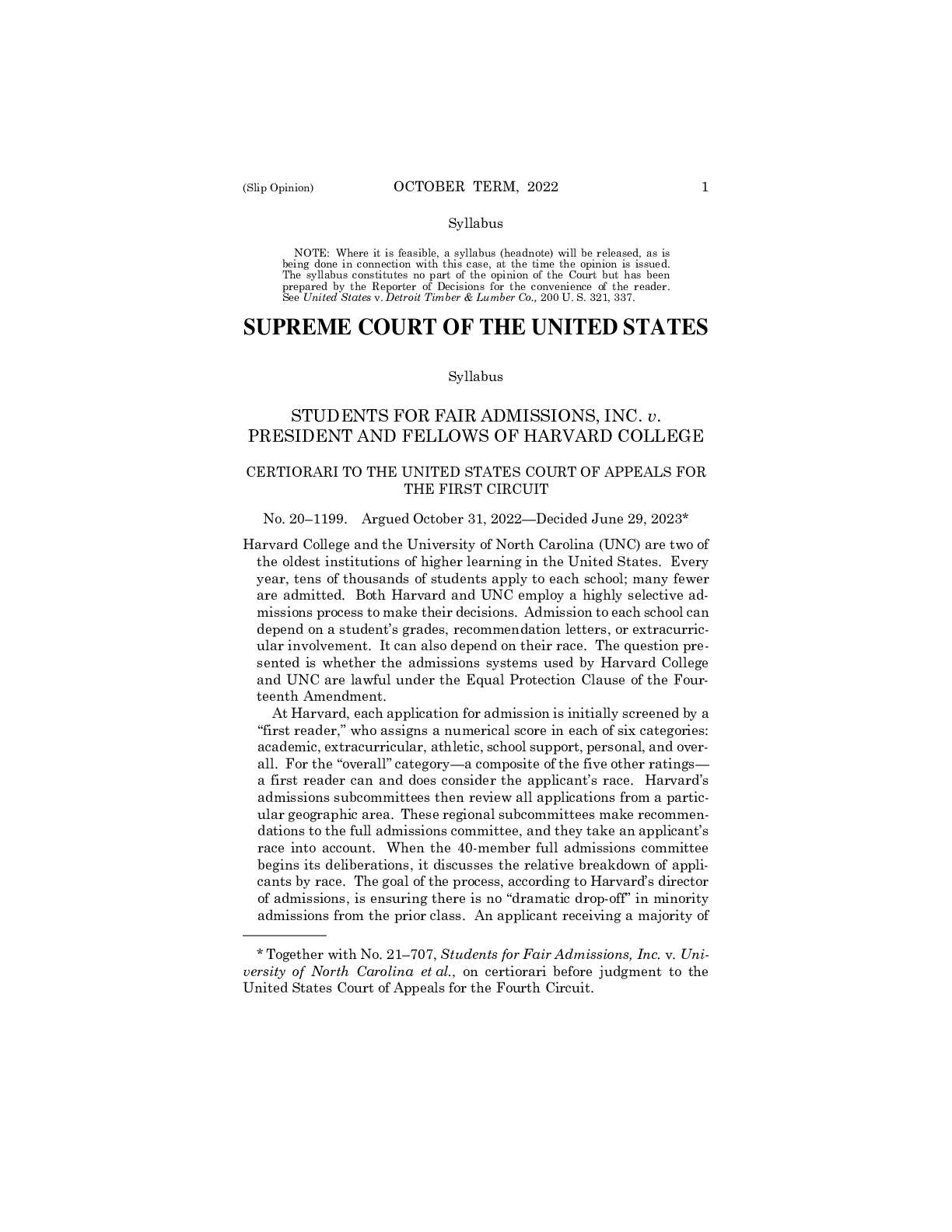 SFFA v Harvard SCOTUS decision 20–1199