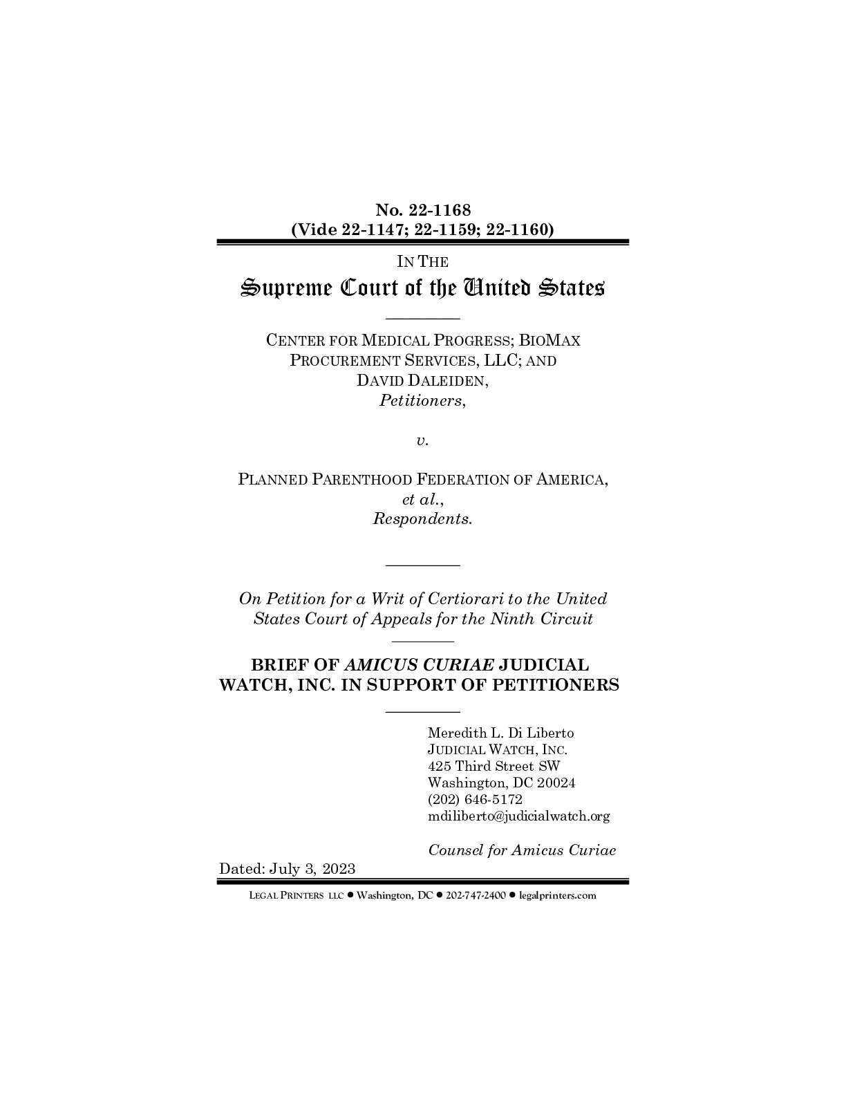 Center for Medical Progress et al. v Planned Parenthood et al. amicus 22-1168