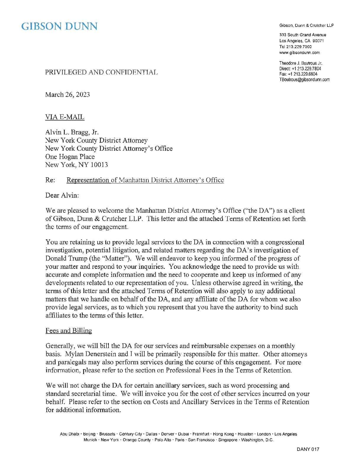 FOIL Bragg Gibson Dunn unredacted engagement letter July 2023