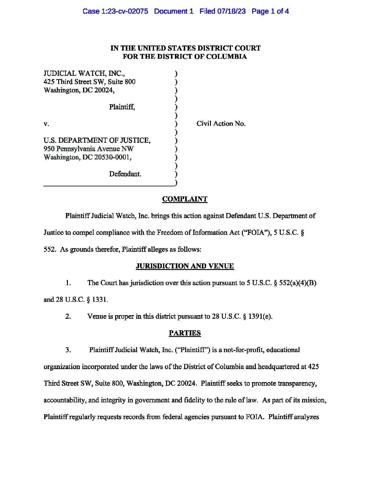JW v. DOJ IRS Hunter Biden complaint 02075