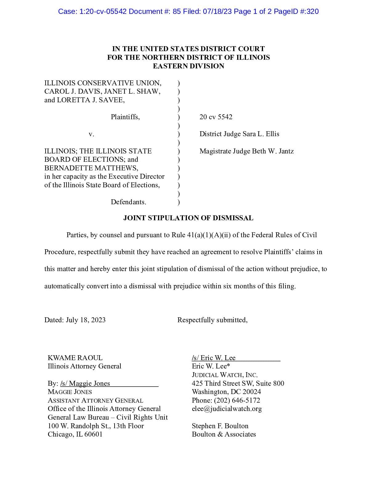 Illinois Conservative Union et al. v Illinois et al. Settlement 05542