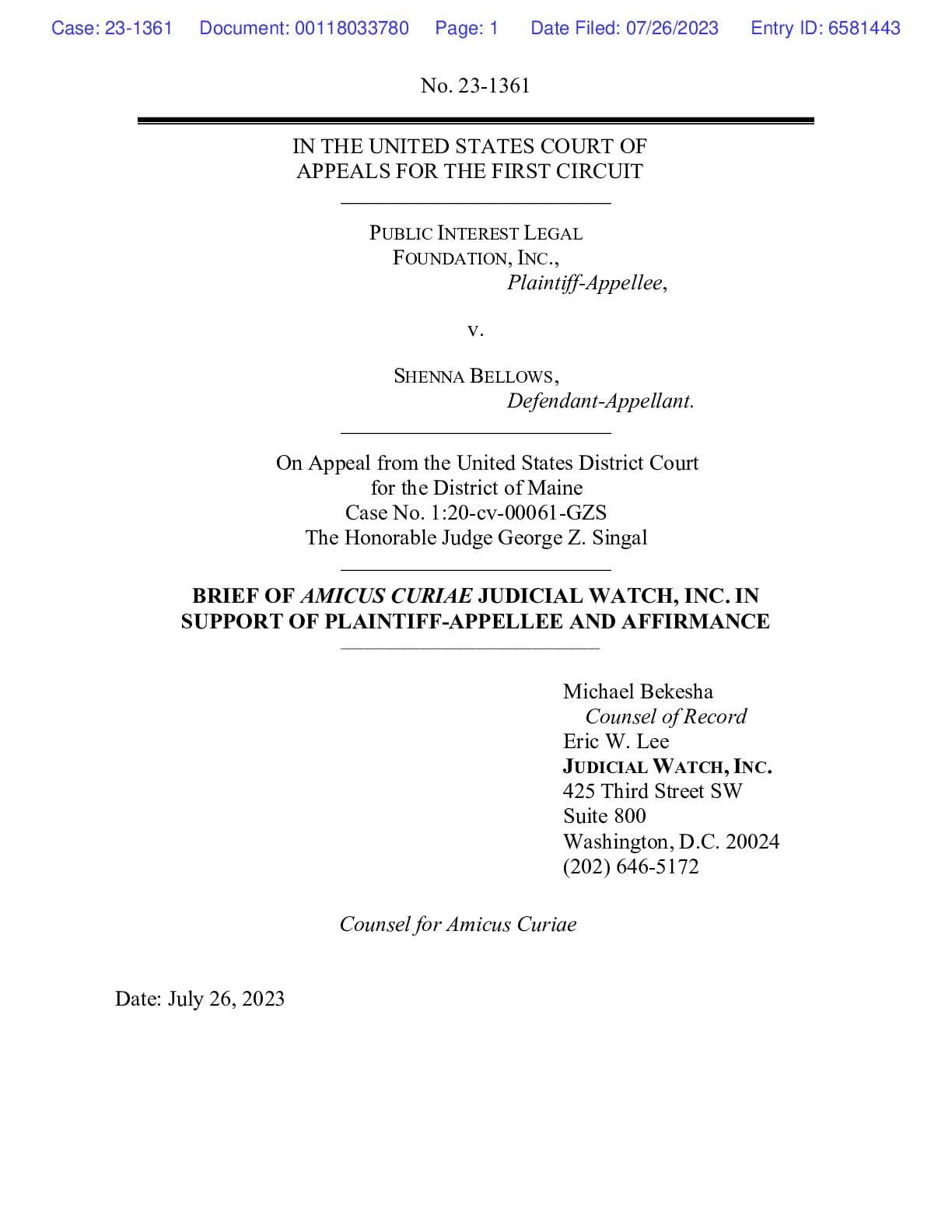 PILF v Bellows Maine NVRA Amicus 1361