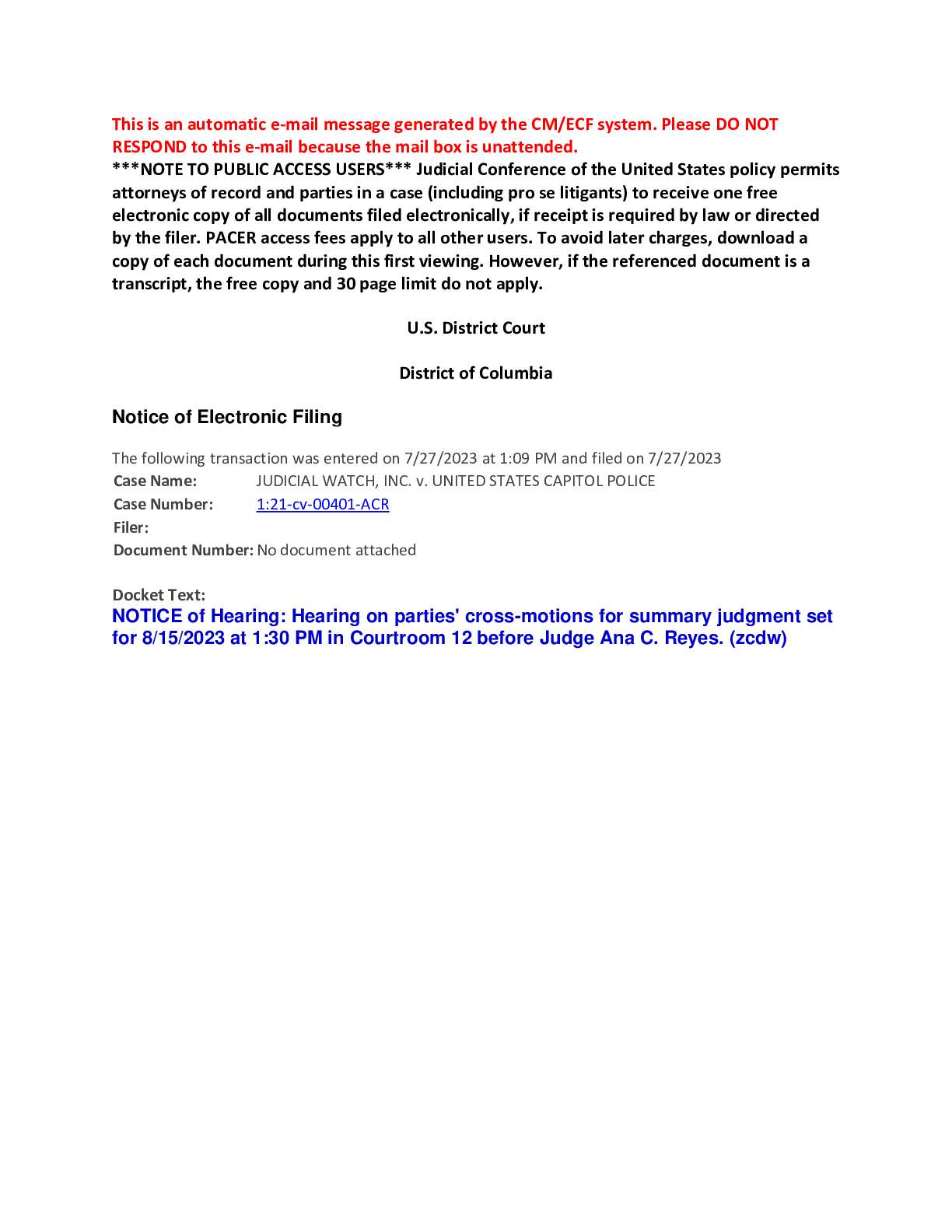 JW v Capitol Police Hearing Order 00401