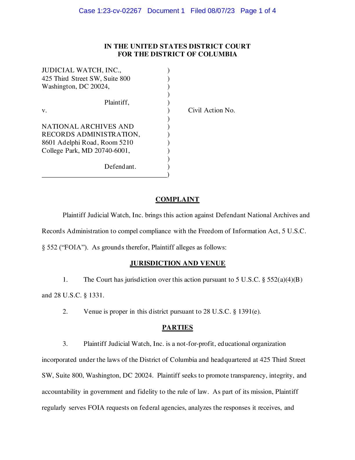 JW v National Archives Trump Records complaint 02267