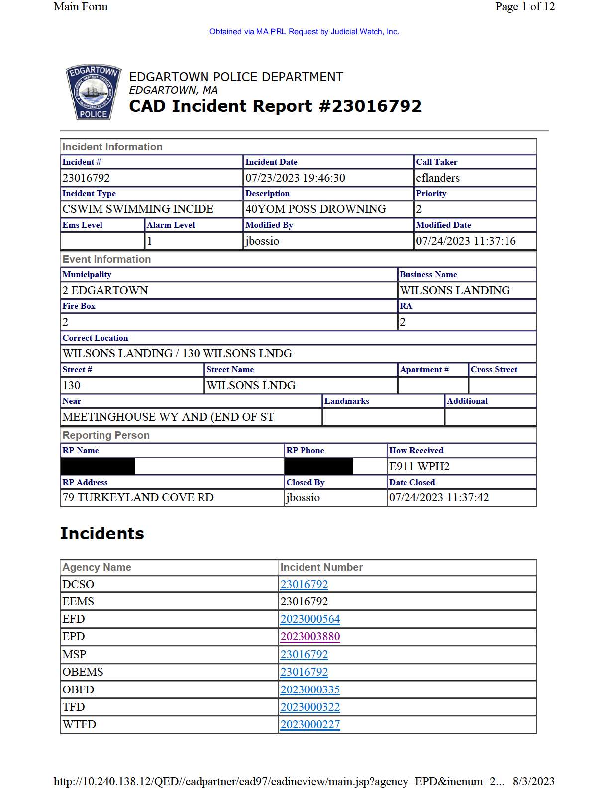 Edgartown PD Obama Chef Tafari Campbell PRL August 2023 pgs 5-16