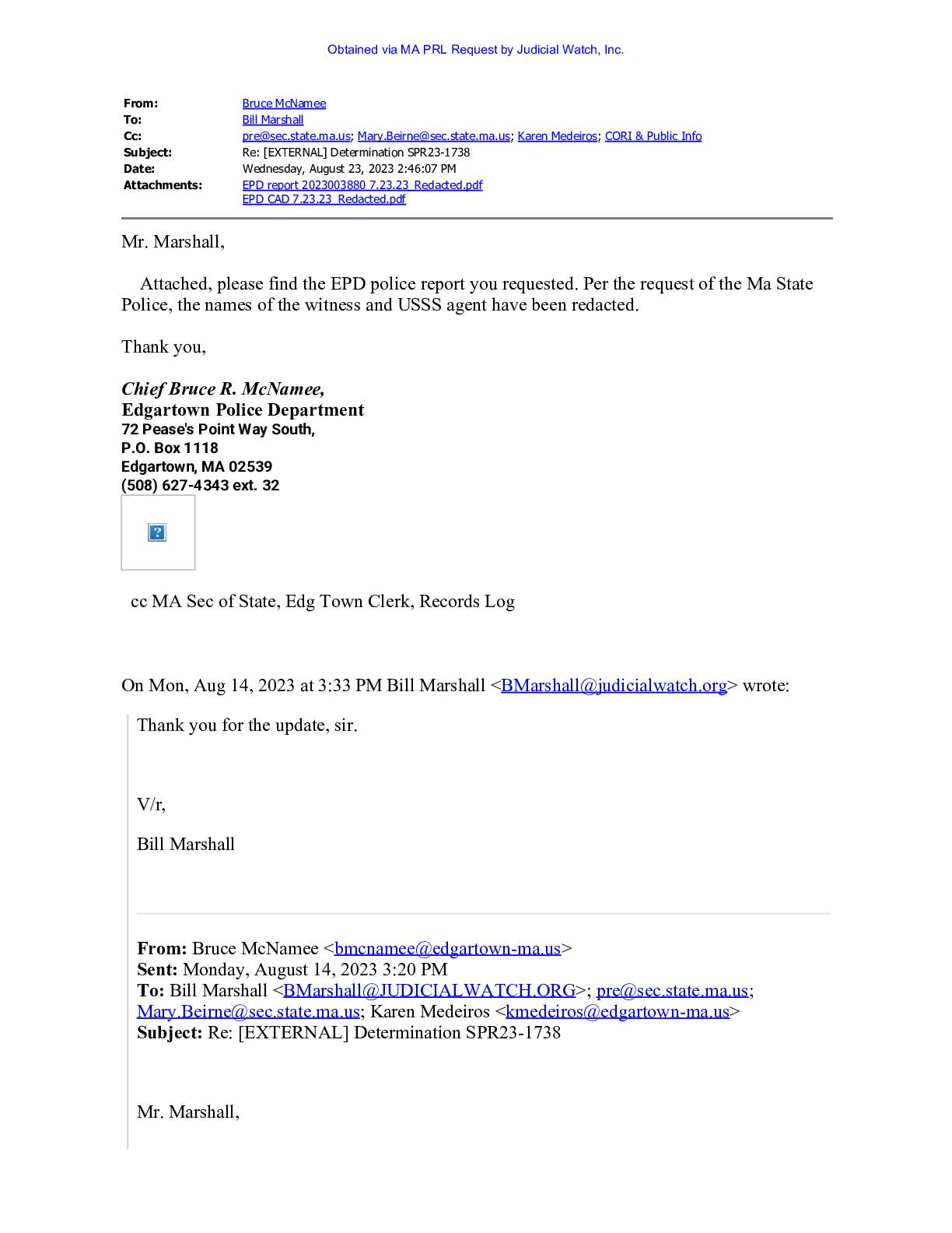 Edgartown PD Obama Chef Tafari Campbell PRL August 2023 pg 1