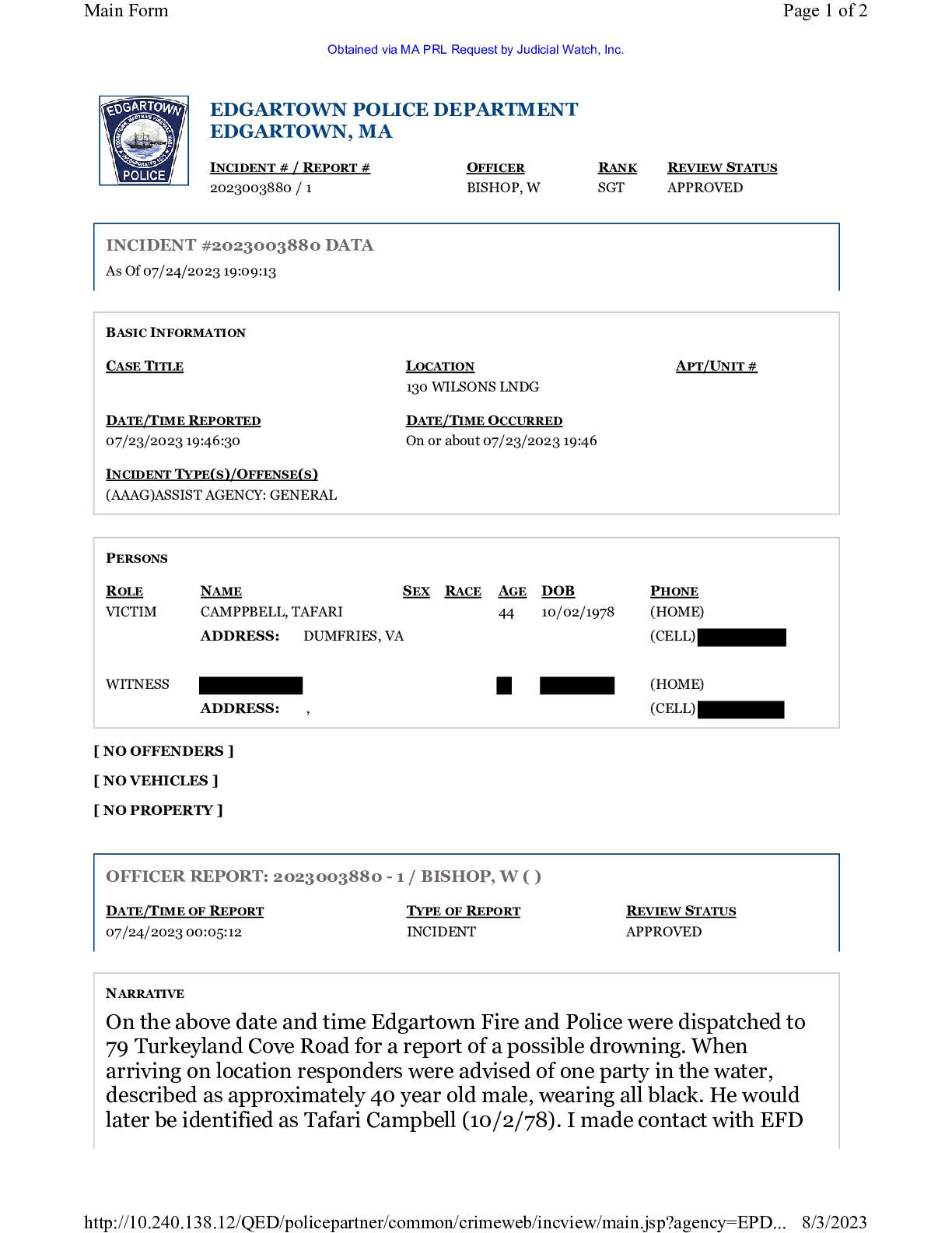 Edgartown PD Obama Chef Tafari Campbell PRL August 2023 pgs 17-18