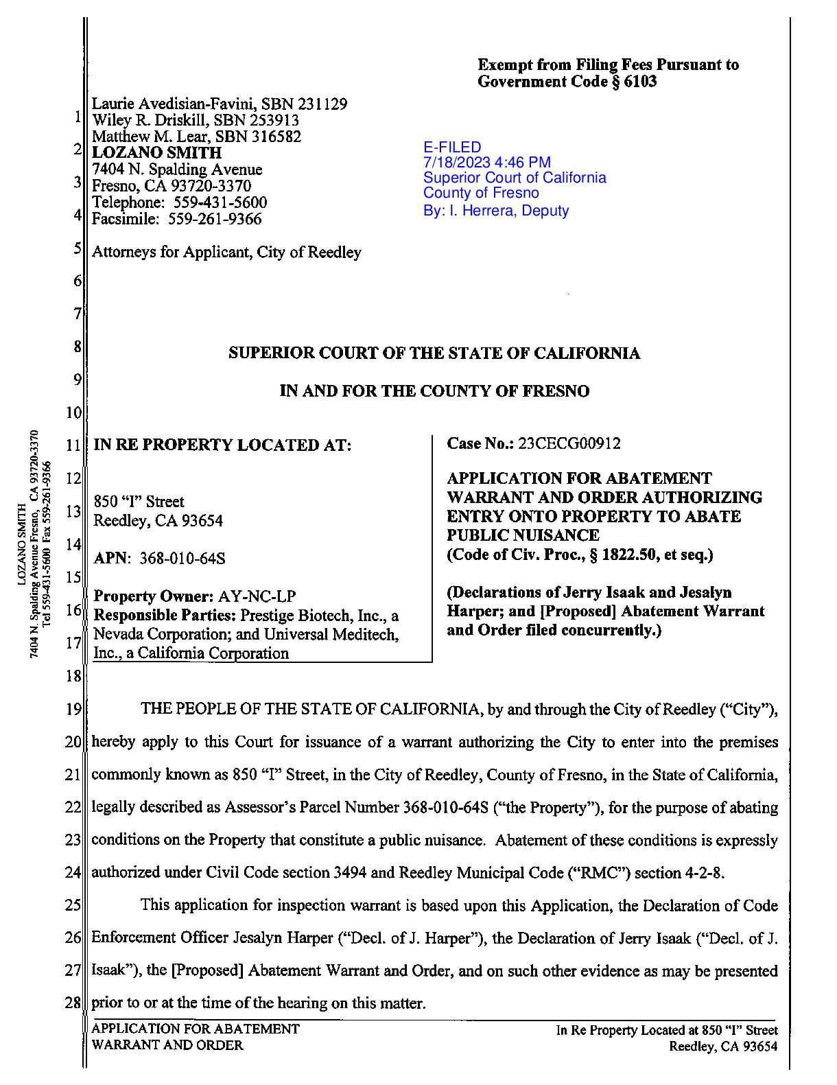 Abatement Warrant Reedley_Fresno CA Labs 2023