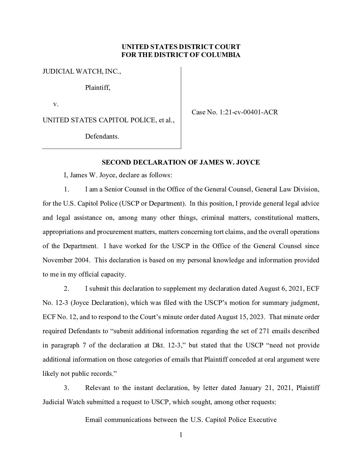 JW v US Capitol Police Declaration James W. Joyce 00401