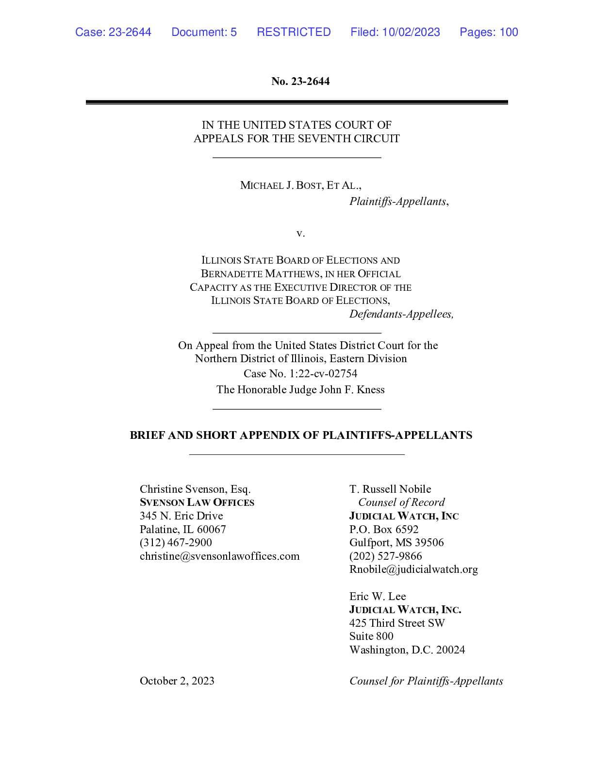 Bost v. Illinois Board of Elections Oct 2023 appeal 02754 23-2644