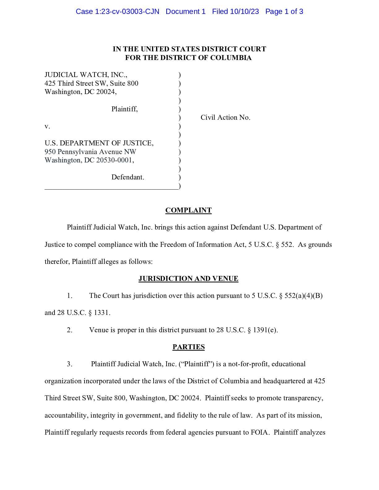 JW v DOJ Weaponization Complaint 03003