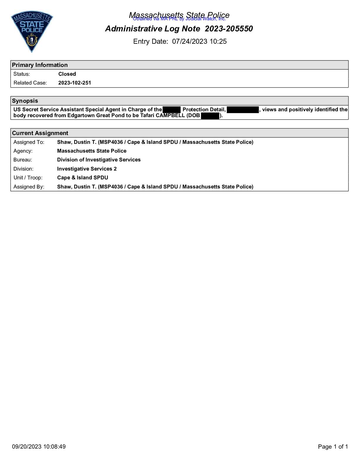 Mass State Police Obama Chef Tafari Campbell October 2023 pg 37
