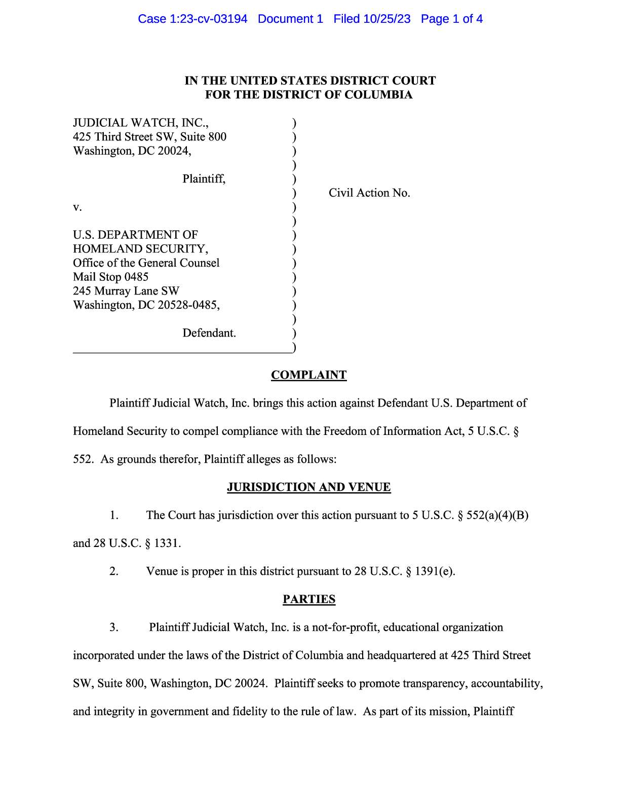 JW v. DHS Secret Service Tafari Campbell complaint 03194