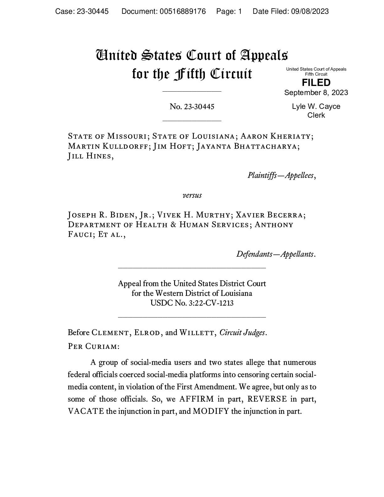 Missouri v Biden, Murthy et al. First Amendment ruling 30445
