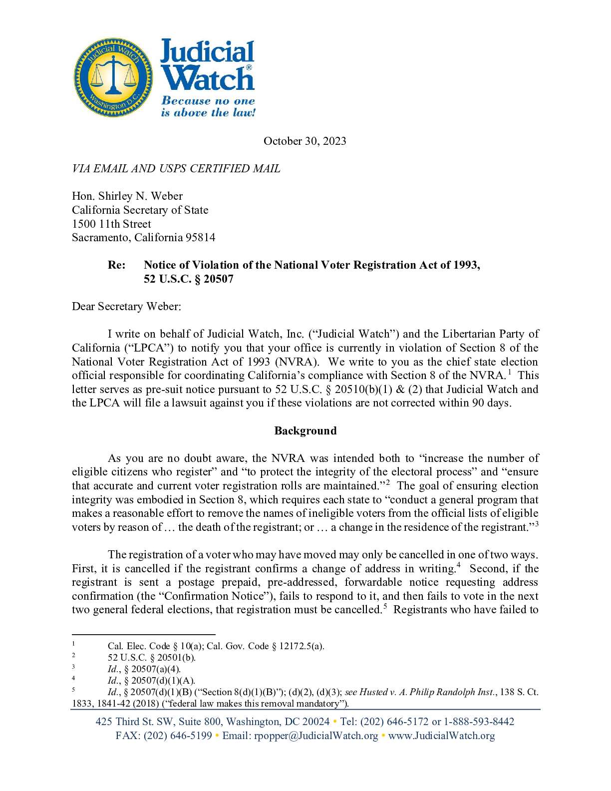 NVRA CA Notice of Violation November 2023