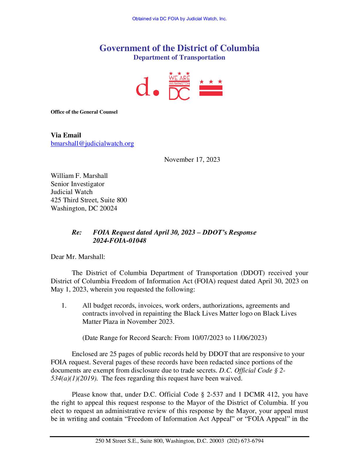 BLM Plaza Repainting Costs-DC DOT Responsive Records