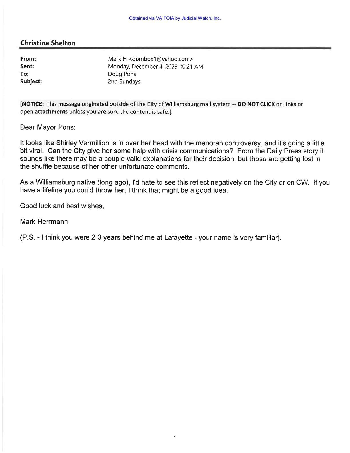 Williamsburg Menorah Cancellation December 2023 pg 76