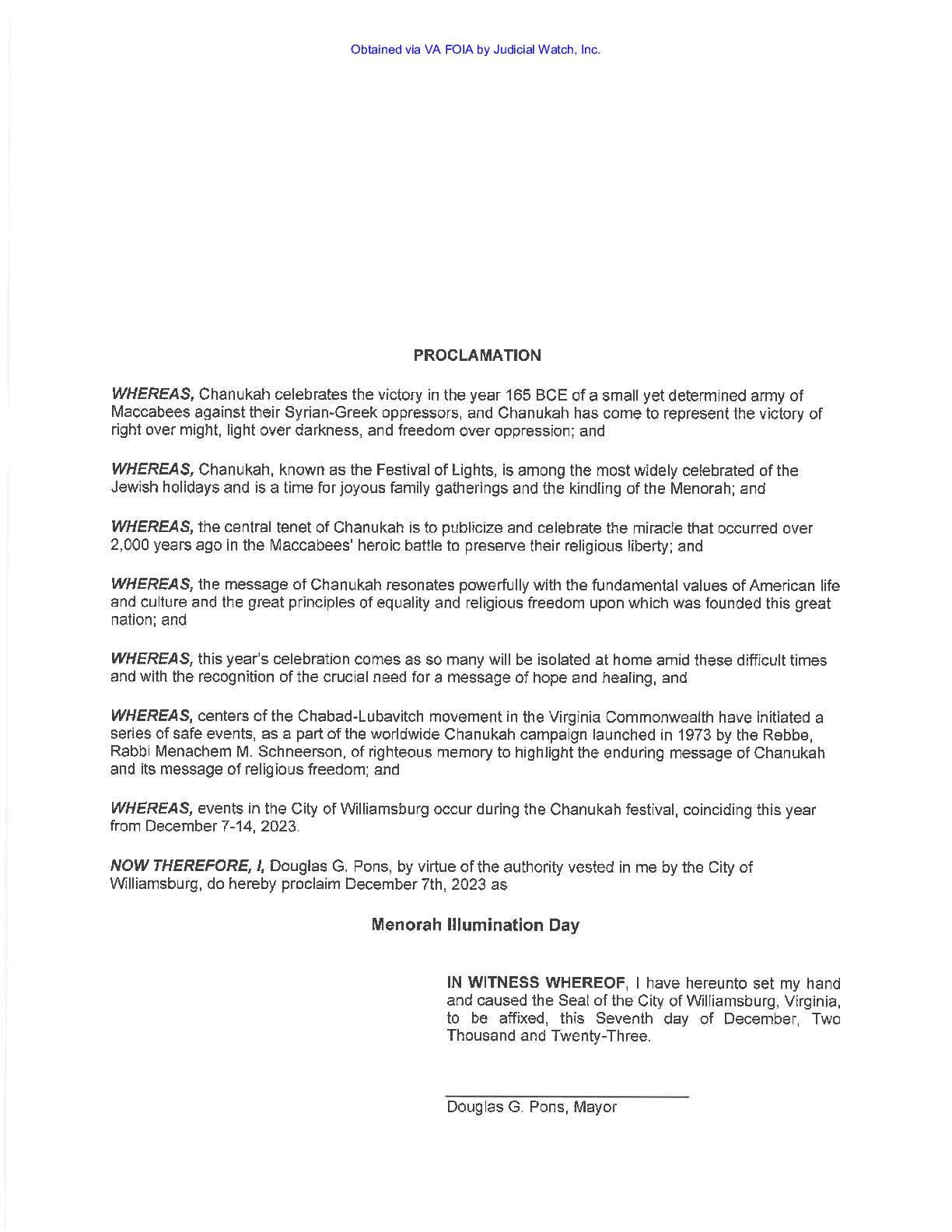 Williamsburg Menorah Cancellation December 2023 pg 44