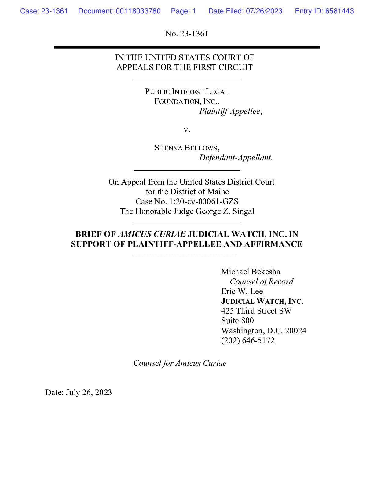 PILF v Bellows Maine NVRA Amicus 1361
