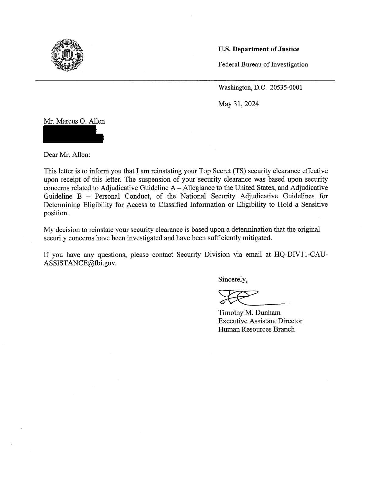 Marcus Allen Letter of Reinstatement 2024