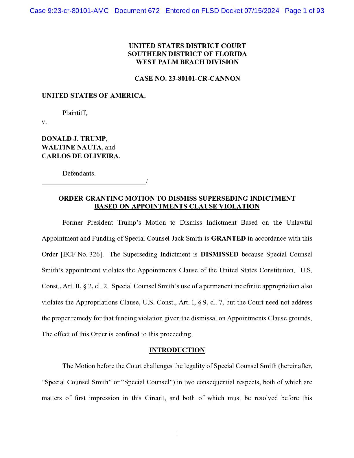 US v. Trump – July 15 2024 Order